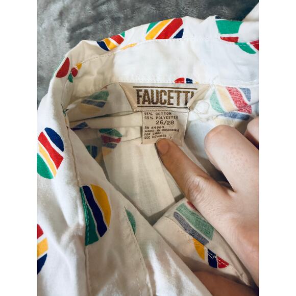 Vintage Faucetti Women Size 26/28 Short Sleeve Button Up Blouse White Colorful - Picture 2 of 8
